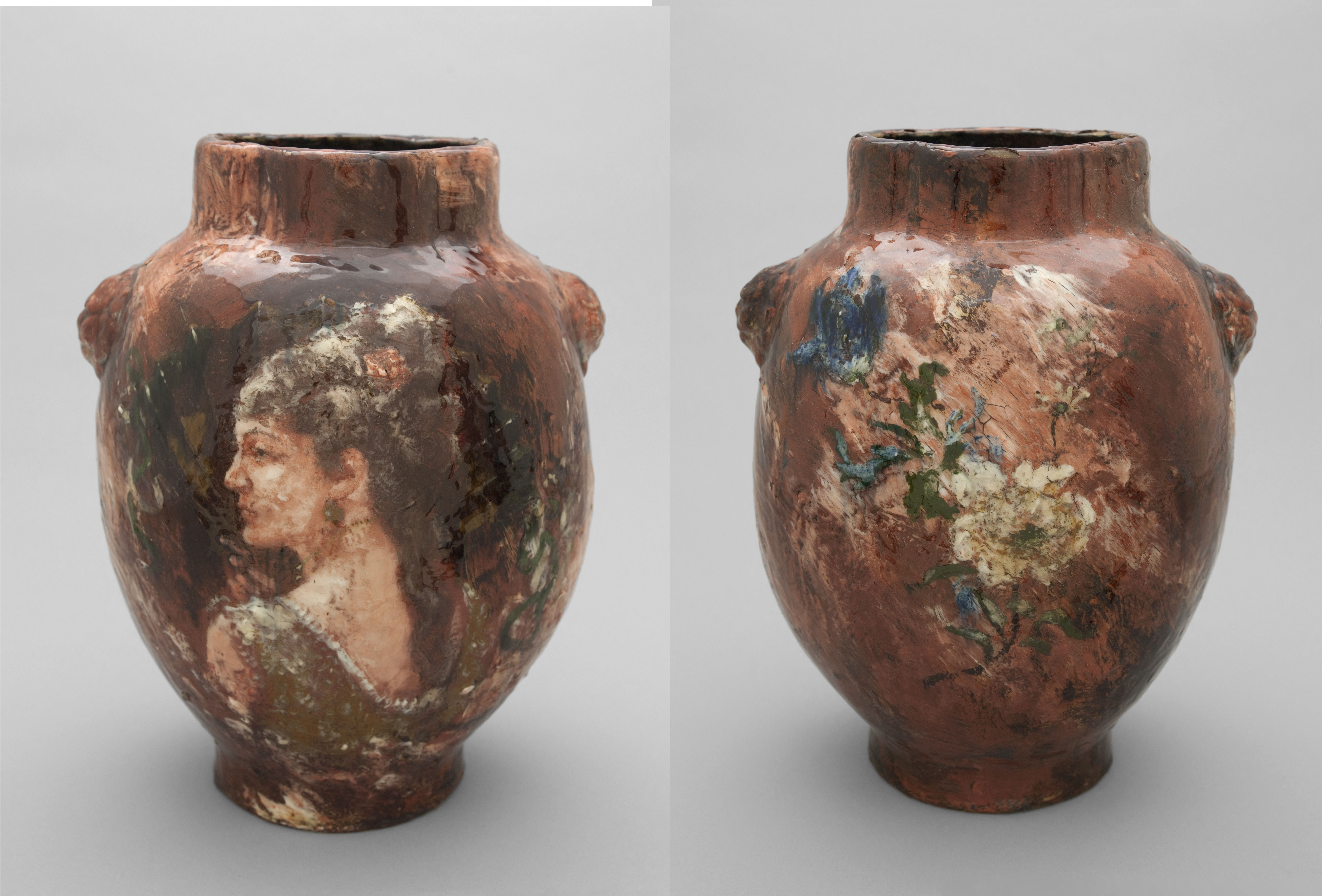 Vase émaillé à décor de tête féminine et à décor floral