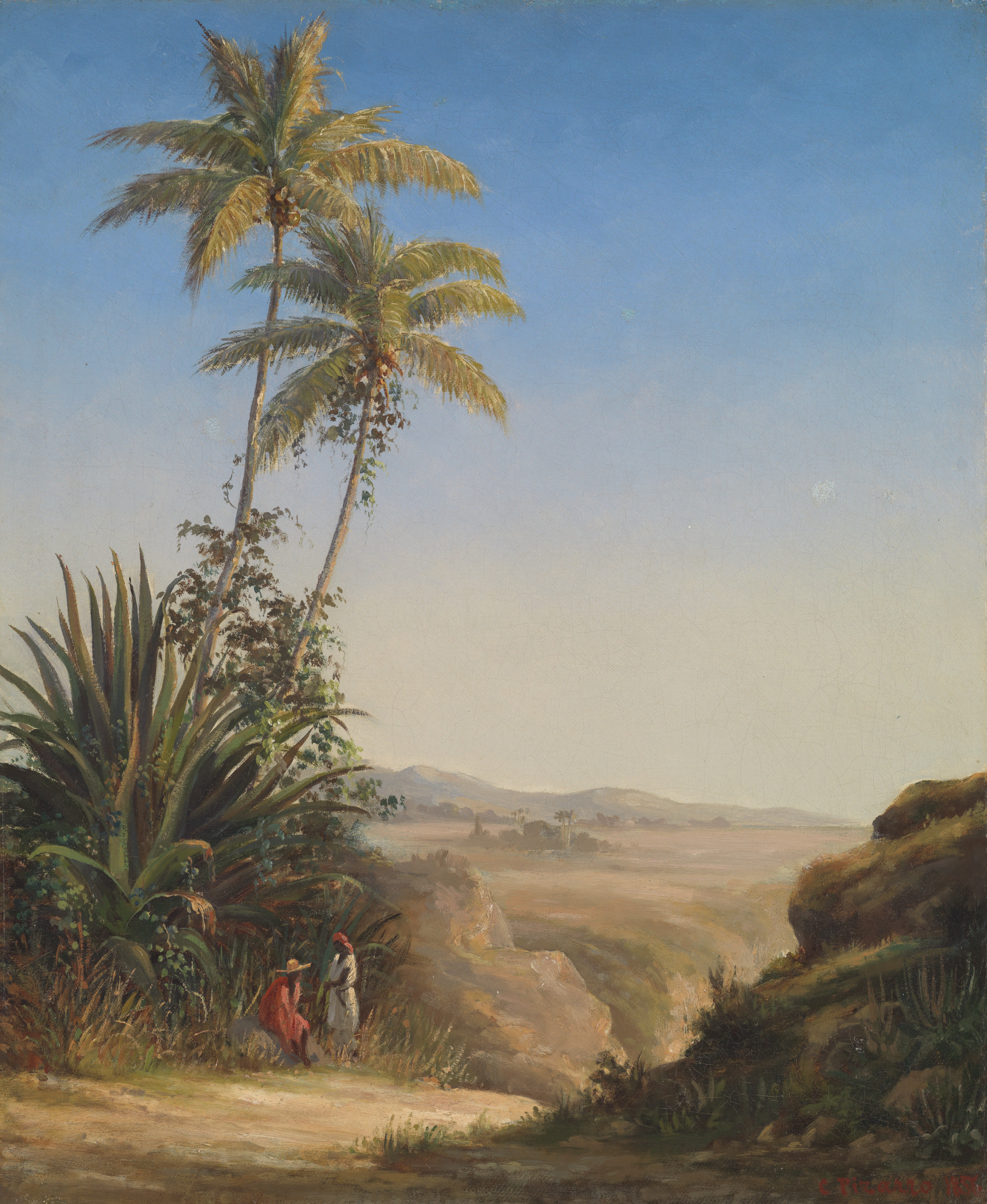 paysage exotique, deux personnages en conversation au pied d'un palmier